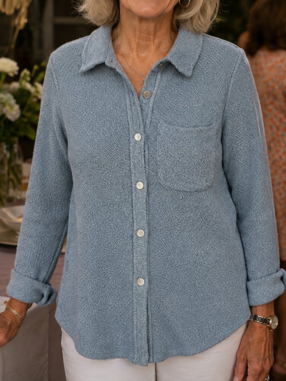 EUC Soft Surroundings Knit Snap Up Jacket in Soft Blue - Size XS